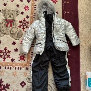 Silver and Black Snowsuit with Fur Hood